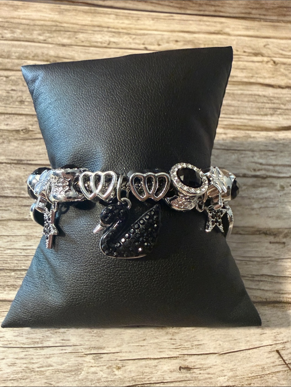 Silver Charm Bracelet with Black Swan and Crown Charms  Stainless Steel